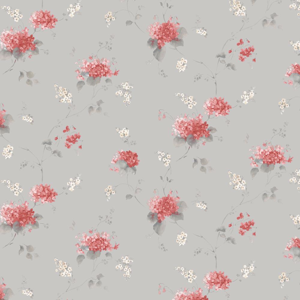 Patton Wallcoverings PF38107 Pretty Florals Hortensia Trail Wallpaper in Pink, Grey, Beige